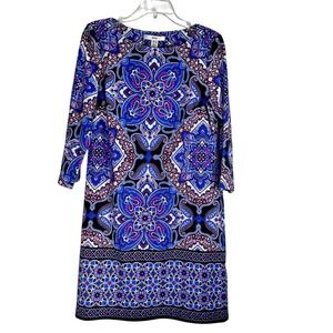 Blue Purple Paisley Geometric Print 3/4 Sleeve Shift Knee Length NWOT Womens 12